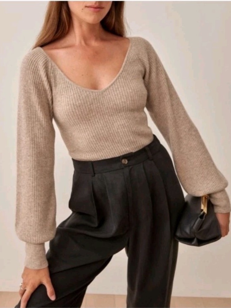 Reformation Hart Cashmere Sweater Knit In Beige Super Soft - Balloon Sleeves S